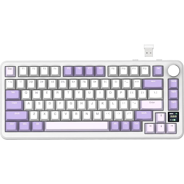 ATTACK SHARK X85PRO bezvadu mehāniskā tastatūra ar TFT displeju un pogām, 75% QMK spēļu tastatūra ar zīmogu, 2.4G/BT/USB-C vadu, nomaināma, 4000mAh, NKRO, RGB (balta/violeta)