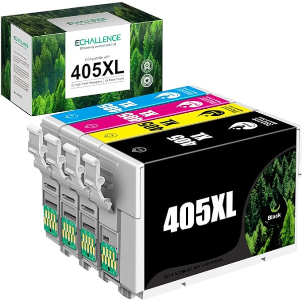 ECHALLENGE 405XL kasetnes, kas saderīgas ar Epson 405 XL tintes korpusu Workforce Pro WF-3820 WF-3825 WF-4820 WF-4825 WF-4830 WF-7830 WF-7835 WF-7840 (melna, ciāna, dzeltena, dzeltena, purpursarkana, 4 gab.)