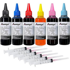 Aomya 600 ml universāls krāsu tintes uzpildes komplekts HP Canon Epson Epson Brother Lexmark printeriem, kas saderīgs ar atkārtoti uzpildāmām CISS CIS sistēmas 6 krāsu kasetnēm ar 4 bezmaksas šļircēm (BK, C, M, Y, LM, LC)