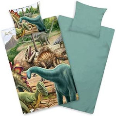 Aminata kids Flannelette gultas veļa Dinozaurs 135 x 200 cm + 80 x 80 cm, Kokvilna, Rāvējslēdzējs, Bērnu gultas veļa ar Dino motīvu, Silta, Mīksta un Mīksta, Krāsaina, Zaļa