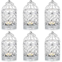 NUPTIO Pack of 6 Wedding Centrepieces Decorative Candle Lanterns Bird Cage Metal Hollow Decorative Bird Cage Iron Candle Holder Hanging Lantern, Silver