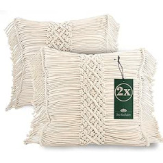 DeinKaufladen.com Boho spilvenu makramē spilvenu pārvalki ar bārkstīm [2 komplekts] Moderni dekoratīvi spilvenu pārvalki Boho stilā — apm. 40 x 40 cm Lieli dīvāna spilvenu pārvalki bēšā krāsā - Boho dekorācija