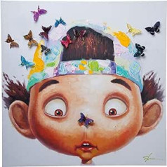 Kare dizaina attēls Pieskārās zēns ar tauriņiem, daudzkrāsains, audekla attēls, audekls, egles koka rāmis, akrila krāsa, ar rokām apgleznotas detaļas, 100 x 100 x 4 cm (A x P x D)
