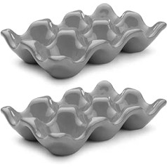 Flexzion porcelianinė kiaušinių dėžė – 6 kiaušinių talpos keramikinis kiaušinių dėklas, pustuzinis kiaušinių laikiklis šaldytuvui, stalviršio ekranas – pilkas dekoratyvinis serviravimo dubuo ir laikymo dėklas, 2