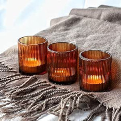 Vohocandle Amber tējas lampiņu turētāji kāzu galda vidusdaļām, rievoti stikla tējas lampiņu turētāji mājas dekorēšanai, 12 tējas lampiņu turētāji, vintage Pateicības dienai un Ziemassvētkiem