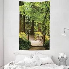 ABAKUHAUS Forest Tapestry and Bedspread, Wooden Bridge Over Pond Made of Soft Microfibre Fabric, Washable without Fade, Digital Print, 140 x 230 cm, Green Brown