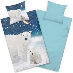 Aminata kids Polar Bear Gultas veļa 135 x 200 cm Flanelette Kokvilna Silts Mīksts un Mīksts Dzīvnieku motīvs Ziemas Sniega Ainava Bērnu Gultas Apgriežams Komplekts Rāvējslēdzējs ÖkoTex