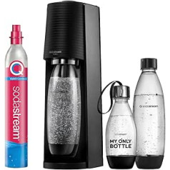 SodaStream TERRA Value Pack ūdens karbonators ar CO2 cilindru, 2 x 1 L trauku mazgājamām mašīnām paredzētas plastmasas pudeles un 1 x 0,5 l trauku mazgājamajā mašīnā mazgājamā plastmasas pudele, augstums 44 cm, melna