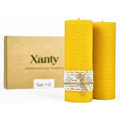 Xanty Beeswax Candles, 2 XXL Golden Candles Made of 100% Beeswax, Honeycomb Candles, Pillar Candles, 20 Hours/Candle Burning Time, Gold-Yellow Advent Candles (18 cm x 6 cm)