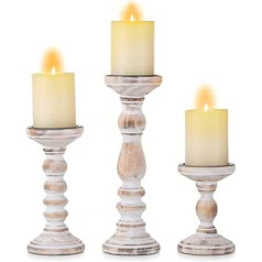 Inweder Rustic Wooden Candle Holder Pillar - 3-Piece Wooden Candle Holder Set Pillar Candle Holder Set Distressed White Tea Light Holder for Wedding Centrepieces Farmhouse Home Room Decoration