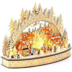 Wichtelstube Collection Wooden Art LED Candle Arch Oval Christmas Village in the Ore Mountains Light Arch Wooden Christmas Decoration Window Battery Operated with Timer