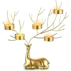 Sziqiqi Reindeer Animal Tea Light Candle Holder, Metal Deer 5 Candle Tea Light Holder for Christmas Table Centrepiece Gold Decorative Deer Gift for Living Room Fireplace Coat Table Ornament