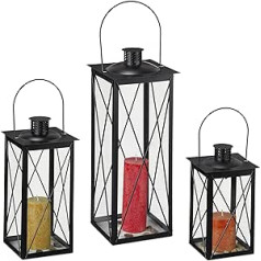 Relaxdays Lanterns Set of 3 Decorative Lanterns for Outdoor & Indoor Use 3 Sizes Metal & Glass Lanterns for Candles Black