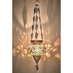 DEMMEX Turkish Moroccan Colorful Mosaic Boho Hanging Candle Holder Lantern with Handmade Colorful Glass Ball and Metal Leaf Chains 24