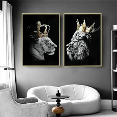 Lauva un lauva ar kroņa audekla attēliem, melnbaltu dzīvnieku plakātu dekorēšana, savvaļas dzīvnieku mākslas izdrukas viesistabai, mājas dekors bez rāmja (Lauva -1, 2 x 50 x 70 cm)