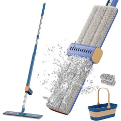 bestyks Large Flat Mop Bucket, Hands-Free Mop Flat Mop Set with Bucket, Floor Mop Set with Wring Function, 360° Spin Wet and Dry Mop Set for Floor Cleaning Tiles (2 Cloths Blue)