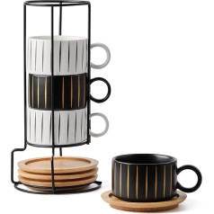 HOME DECOR Kapučīno tasīšu komplekts - 4 x 180 ml kafijas tasītes ar paliktni un statīvu - elegantas keramikas tasītes espresso, kapučīno un latte kafijai - Stripe Collection