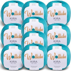 Wollidu Kira 100% kokvilna adīšanai un tamborēšanai 10 x 50 g komplekts Tamborēšanas dzija Adāmadatas dzija tirkīzs