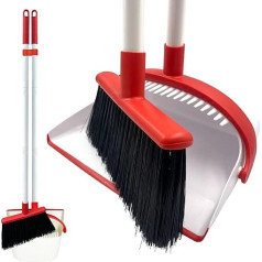 Long Handled Dustpan and Broom - Broom and Dustpan Set Reduces Bending, High Lobby Dustpan and Broom (White and Red)