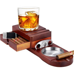 Medinė cigaro peleninė Whiskey Coaster - cigarų priedai vyrams Whiskey dovanų rinkinys su nuimamu peleninės stalčiumi Cigarų pjaustytuvu ir cigarų laikikliu namams, biurui ar barui