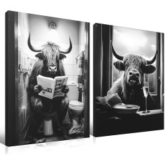 Sumotia Pack of 2 Bathroom Pictures with Frame, Cow Black White Canvas Picture, Animal Highland Cow Bathroom Canvas Painting, Modern Wall Art Bathroom Home Decor (30 x 40 cm)