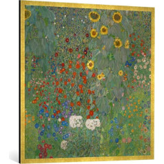 Gustava Klimta Dārzs ar saulespuķēm Art Print augstas kvalitātes ar rokām darināts 100 x 100 cm zelta rāmī Raya