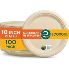 ECO SOUL apaļu 10 collu (25 cm) bagases papīra šķīvju komplekts bēšs (100 gab.) Vienreizlietojamie trauki un 100% kompostējami, videi draudzīgi ballīšu trauki, izturīgi kempinga trauki, mikroviļņu krāsnī un