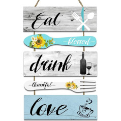 decalmile 5 sienu zīmju pakete Hanging Signs Eat Drink Love Virtuves koka zīme Hanging Art Fork and Spoon Koka sienu apdare virtuvei Ēdamistaba Bārs