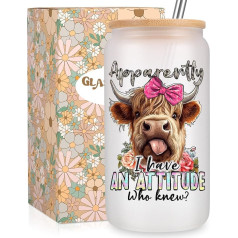 Fairy's Gift Highland Cow Cup, Cute Cow Print Cup, 16 oz Matēta stikla kafijas tases ar vāciņiem Salmiņi - Cow Print Stuff, Highland Cow Dāvanas - Dzimšanas diena, Govs tēma, Govs dāvanas sievietēm,