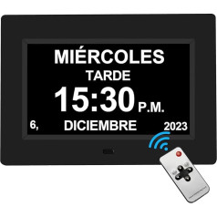 Exmate Digitālais kalendāra modinātājs dienas pulksteņrādis, 7 collu liels LCD displejs, 8 daudzvalodu dienas modinātājs ar 13 modinātāja opcijām, snaudiena funkcija, 2 automātiskās izslēgšanas funkcijas mājām, birojiem, vecākiem cilvēk