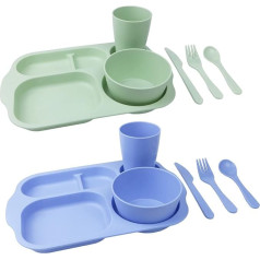 Greenandlife Reusable Plastic Plates and Bowls Set for Kids Plates, Bowl, Cup, Fork, Spoon, Knife, Microwave and Dishwasher Safe (Blue+Green)