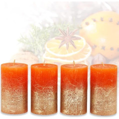 Candelo 4 sveču komplekts Ambiente Rustic Pillar Candle - oranžs metālisks sudraba krāsā - 12 cm - degšanas laiks aptuveni 54 stundas Ziemassvētku sveces Adventes vainags