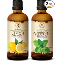 Piparmētru eļļa 100 ml un citronu eļļa 100 ml - Mentha Piperita - Citrus Lime - tīras smaržas eļļas Dāvanu komplekts mitrinātājam - matu un ādas kopšanai - aromterapijai - eļļas deglim - difuzoram