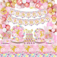 LSJDEER Fairy Birthday Party Decoration - Fairy Party Favors šķīvji, krūzes, salvetes, galdauti, Happy Birthday Banner, baloni, torte, tortes lapa