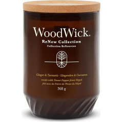 WoodWick ReNew aromātiskā svece ar plaukstošu daktu | Liela svece Cherry Ginger & Turmeric | Augu sojas kokosriekstu vaska maisījums | Izgatavota no pārstrādātiem materiāliem