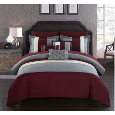 Chic Home Ayelet 10 gabalu krāsu bloka RUFFLE Comforter Set, Queen, bordo krāsā