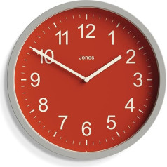 JONES CLOCKS ® The House Warm Round Modern Wall Clock, Coloured Case and Dial, Perfect for Office/Kitchen/Bedroom 25 cm (Red)