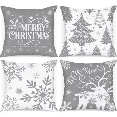 Lanpn Pack of 4 White and Grey Cushion Covers Ziemassvētku spilvenu pārvalks 40 x 40 cm, ziemas sniegpārslas Dekoratīvs Ziemassvētku spilvens Ziemassvētku dekorēšanai Ziemassvētku gultas veļa dīvāna rotājumi, Print