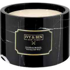 IVY & BEN NEW YORK - Premium klases aromātiskā svece no īsta marmora - 100% sojas vasks (sandalkoks, luksus)