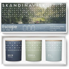 Scandinavian ESCAPE dāvanu komplekts ar 3 mini aromātiskajām svecēm Fjord, ØY 'Island' un HAV 'Sea'. Vegāniskā formula. 3 x 65 g