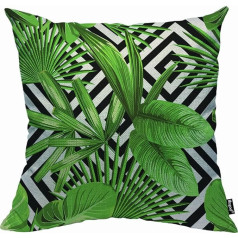 Mugod Green Palm Leaf Pillow Case Throw Pillow Covers for Summer Exotic Jungle Plant Tropical Palm Leaves on the Black White Pillow Case for Men Women Couch 45x45cm