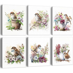 BINCUE Pack of 6 Kolibri Abstract Birds Pictures Canvas Pink Flower Wall Pictures Watercolour Wall Art Print Bird Art Print Modern Kolibri Nature Animals Wall Decoration Abstract 20 x 25 cm