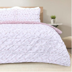 Sleepdown Printed Ruffled Pleats Leaves Blush Pink White Reversible Duvet Cover Set Super King (260 x 220 cm)