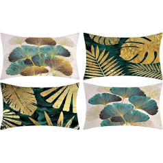 Fullfun Gold Ginkgo Biloba spilvenu pārvalki Teal lina spilvenu pārvalki 4 Pack Square Cushion Covers with Invisible Zipper for Sofa Couch 30cm x 50cm