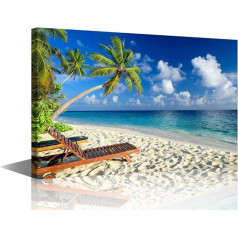 TISHIRON Canvas Wall Art Summer Ocean Coconut Trees On Sand Beach Panoramic Seascape Painting Canvas Artwork Sea Nature Picture for Home Office Wall Decor Framed Ready to Hang