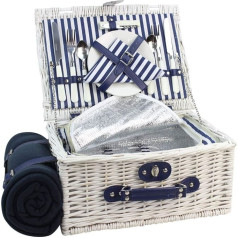 Inno Stage Willow Picnic Basket Set for 2 People with Cooling Compartment Waterproof Picnic Blanket Picnic Case with Cutlery Blue Stripes and Extra Large Capacity