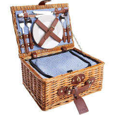 eGenuss Handmade Wicker Picnic Basket for 2 or 4 People with Porcelain Crockery, Cutlery, Wine Glasses or Ceramic Cups