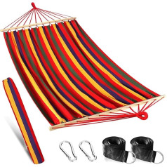 Anyoo Cotton Hammock with 120 cm Wooden Rods and Tree Straps, Large Outdoor Garden Patio Hammock