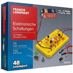 FRANZIS 67164 Elektronisko shēmu mācību komplekts, pamati, simulācija, prakse, pilns komplekts 48 eksperimentiem, ietver 120 lappušu rokasgrāmatu: Prakse. 79 komponenti + laboratorijas pievienojamā plāksne