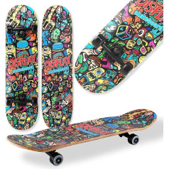 WeLLIFE Skateboard iesācējiem, 80 x 20 cm koka skrituļdēlis bērniem, pusaudžiem, pieaugušajiem, ABEC-9 lodīšu gultņi, 9 slāņu kļavas dubultā kick skate konkave triks, grafiskais skeitborda uz gripa lentes RGX